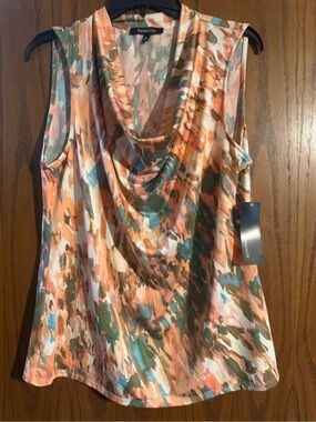 Relativity Sleeveless Cowl Neck Camisole in Coral, Teal & Cream Abstract
